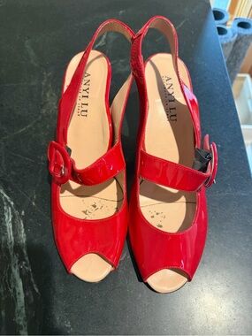 Anyi Lu Red Patent Slingback Peep-Toe Heels